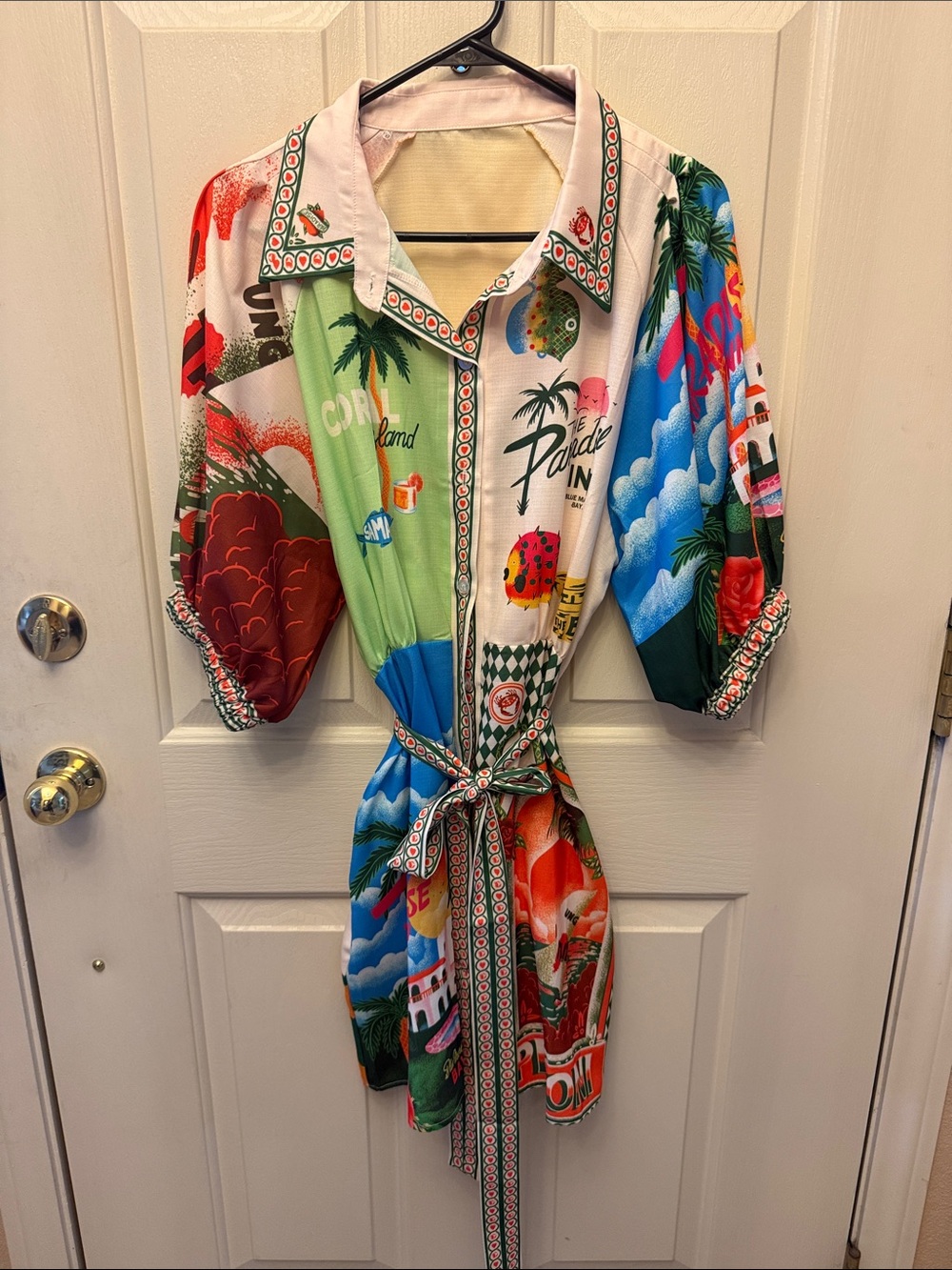 Colorful Tropical Print Belted Shirt Dress